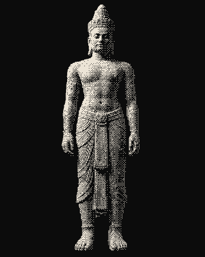Sandstone statue of an Angkorian king in a pleated sampot and conical crown